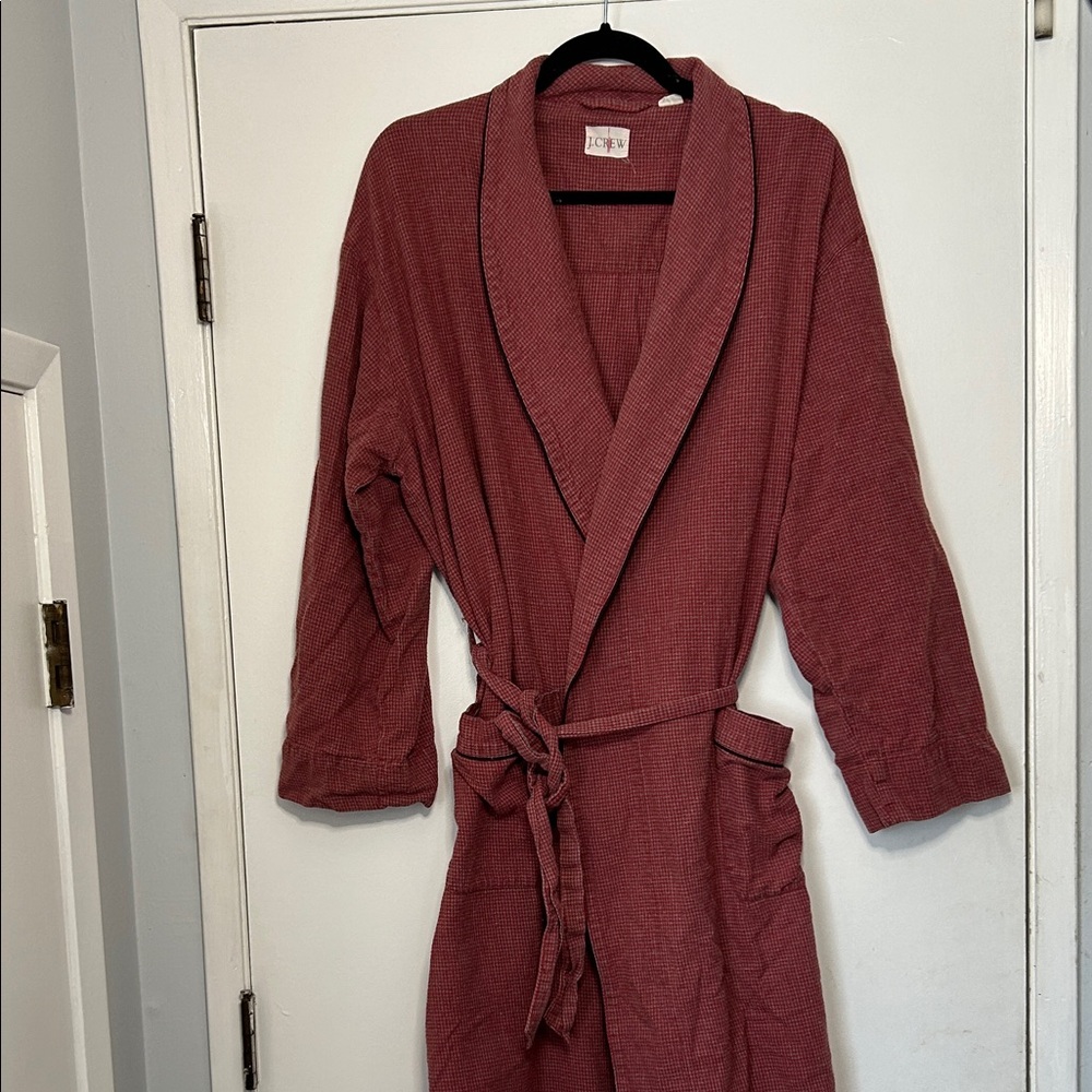 Vintage J Crew 100% Cotton Houndstooth Red Grey Robe Lounge Classic Grandpacore
